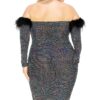 Plus Off-Shoulder Sequin Dress with Feather Trim – Black/Silver