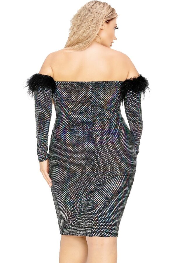 Plus Off-Shoulder Sequin Dress with Feather Trim – Black/Silver