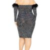 Plus Off-Shoulder Sequin Dress with Feather Trim – Black/Silver