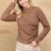 Soft Knit Mock Neck Top with Side Ruching – Red Bean