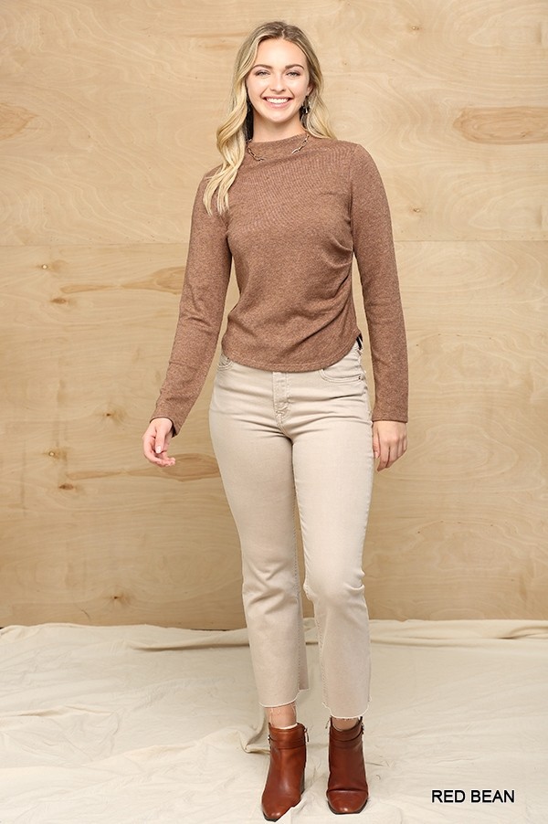 Soft Knit Mock Neck Top with Side Ruching – Red Bean