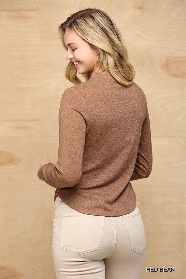 Soft Knit Mock Neck Top with Side Ruching – Red Bean