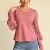 Knit & Chiffon Puff-Sleeve Top – Light Mauve