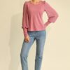 Knit & Chiffon Puff-Sleeve Top – Light Mauve