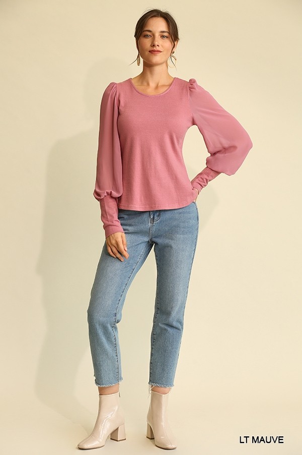 Knit & Chiffon Puff-Sleeve Top – Light Mauve