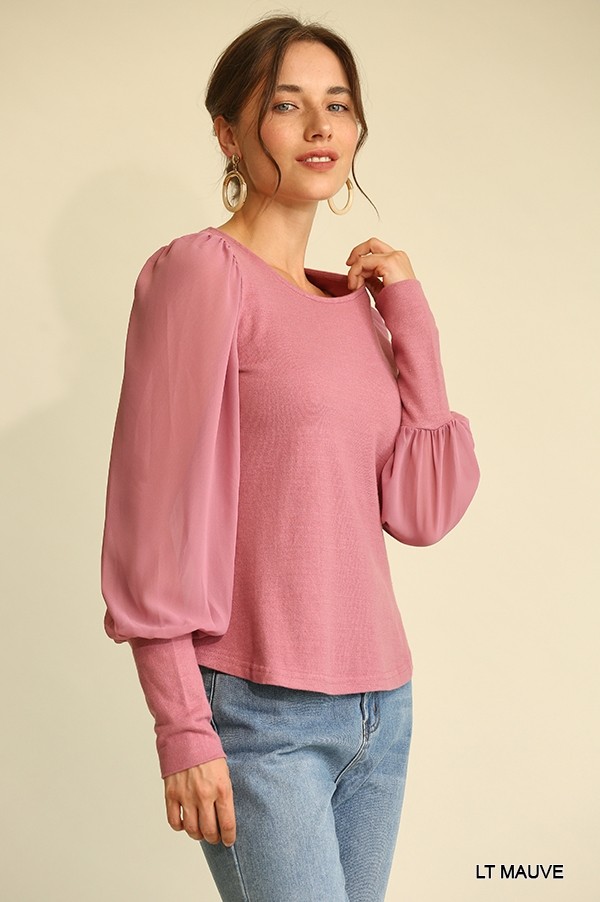 Knit & Chiffon Puff-Sleeve Top – Light Mauve