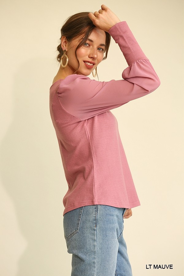 Knit & Chiffon Puff-Sleeve Top – Light Mauve