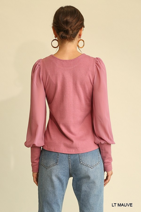 Knit & Chiffon Puff-Sleeve Top – Light Mauve