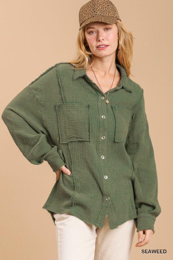 Mineral Wash Button-Down Top with High-Low Hem – Seaweed