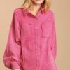 Mineral Wash Button-Down Top with High-Low Hem – Hot Pink