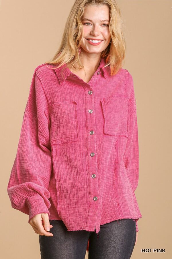 Mineral Wash Button-Down Top with High-Low Hem – Hot Pink