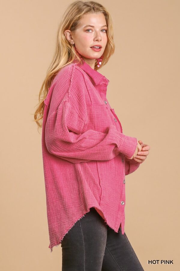 Mineral Wash Button-Down Top with High-Low Hem – Hot Pink