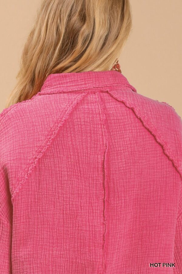 Mineral Wash Button-Down Top with High-Low Hem – Hot Pink