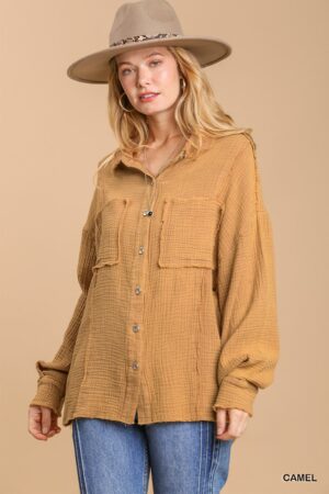 Mineral Wash Button-Down Top with High-Low Hem – Camel