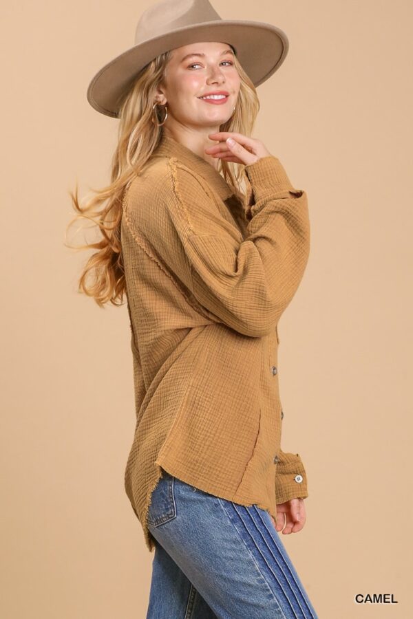 Mineral Wash Button-Down Top with High-Low Hem – Camel