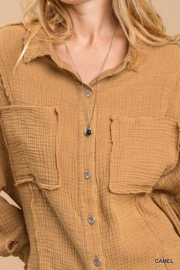 Mineral Wash Button-Down Top with High-Low Hem – Camel