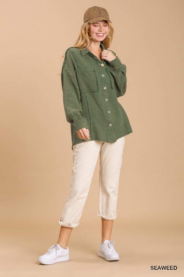 Mineral Wash Button-Down Top with High-Low Hem – Seaweed