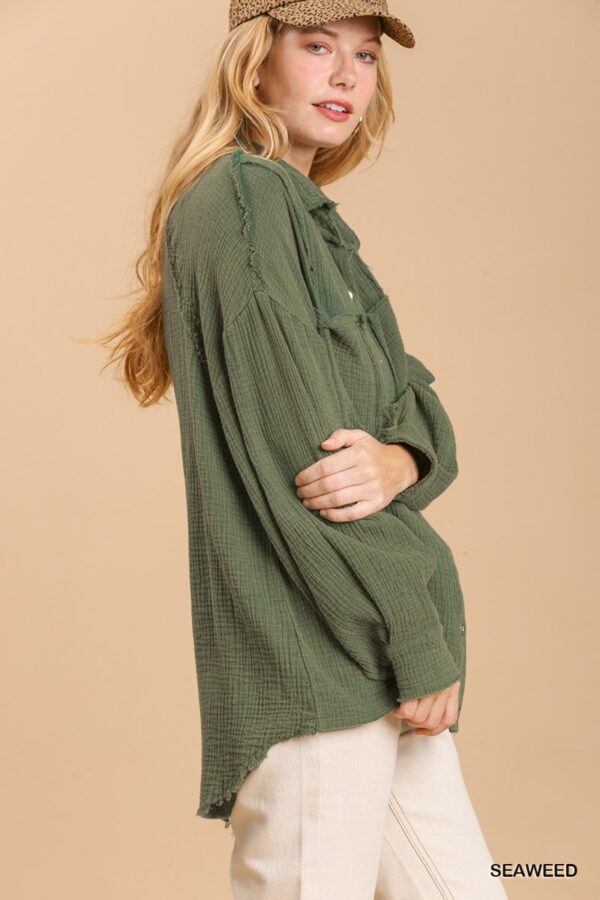 Mineral Wash Button-Down Top with High-Low Hem – Seaweed
