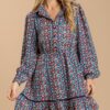 Button-Down Floral Dress with Crochet Trim – Navy