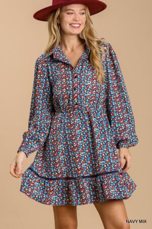 Button-Down Floral Dress with Crochet Trim – Navy