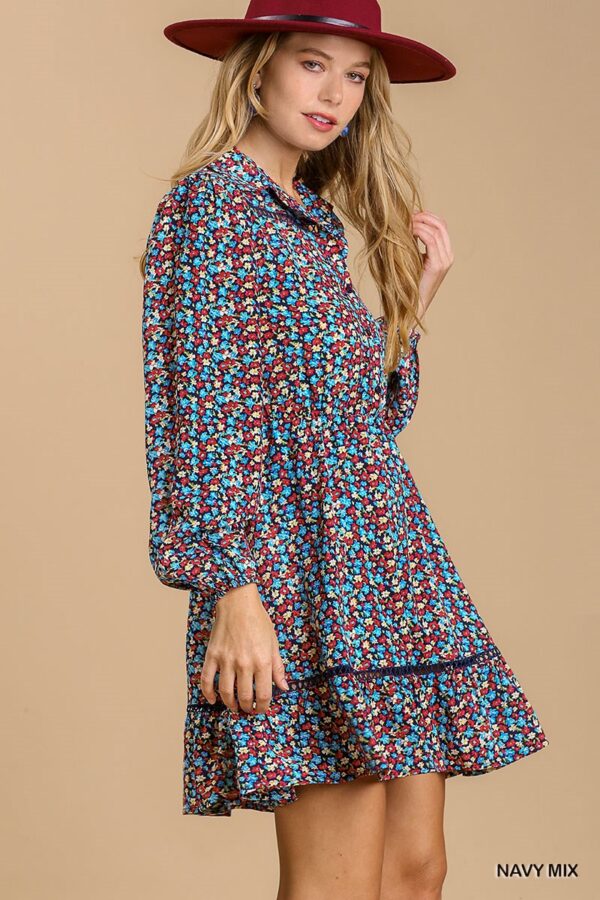 Button-Down Floral Dress with Crochet Trim – Navy