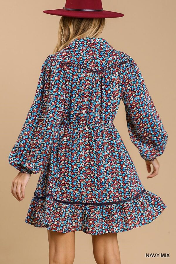 Button-Down Floral Dress with Crochet Trim – Navy
