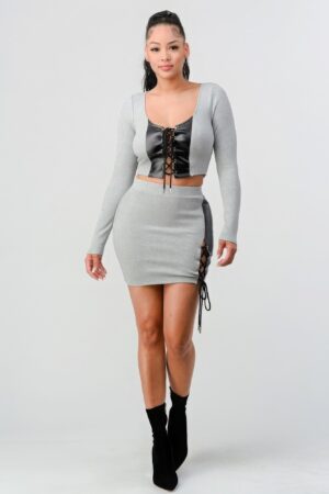 Cropped Long-Sleeve Shirt & PU-Trim Mini Skirt Set, Grey