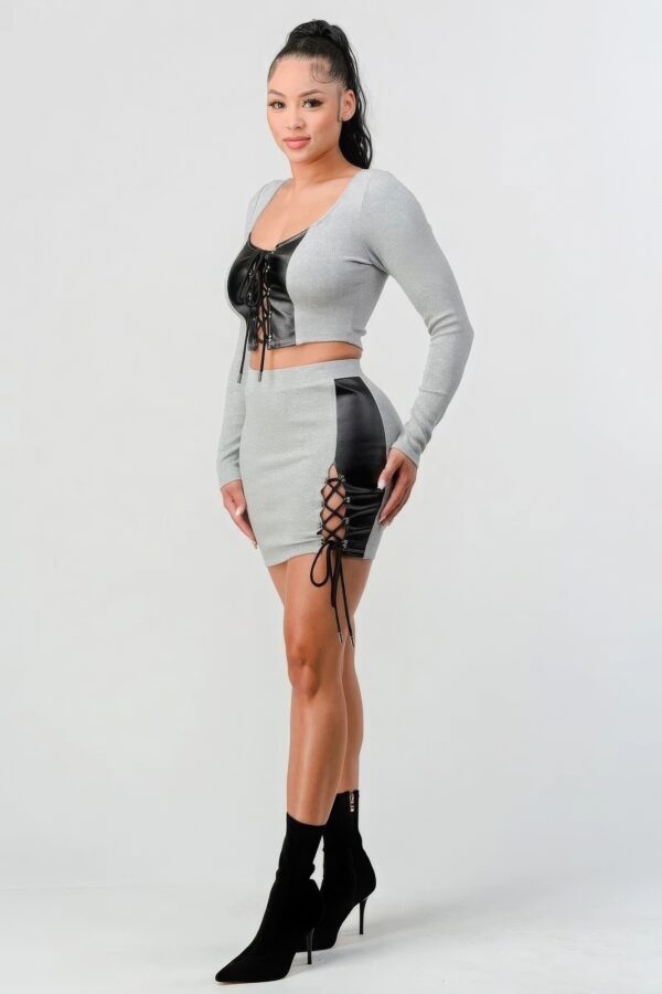 Cropped Long-Sleeve Shirt & PU-Trim Mini Skirt Set, Grey