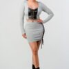 Cropped Long-Sleeve Shirt & PU-Trim Mini Skirt Set, Grey