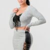 Cropped Long-Sleeve Shirt & PU-Trim Mini Skirt Set, Grey