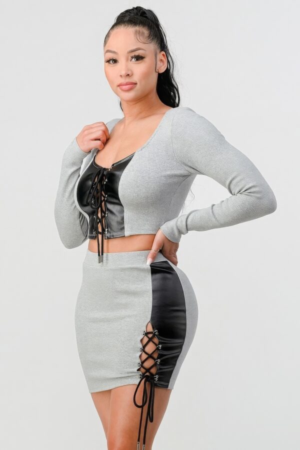 Cropped Long-Sleeve Shirt & PU-Trim Mini Skirt Set, Grey