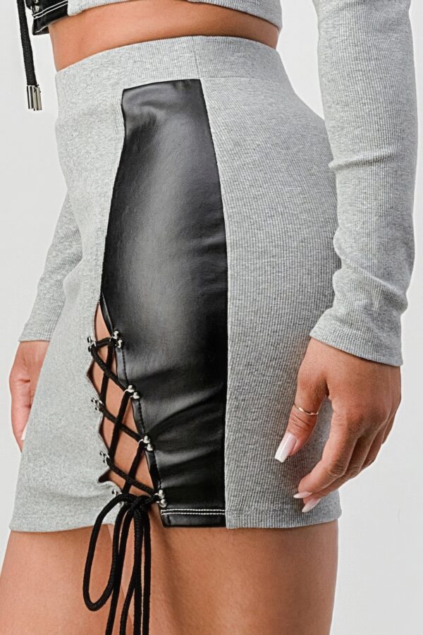 Cropped Long-Sleeve Shirt & PU-Trim Mini Skirt Set, Grey
