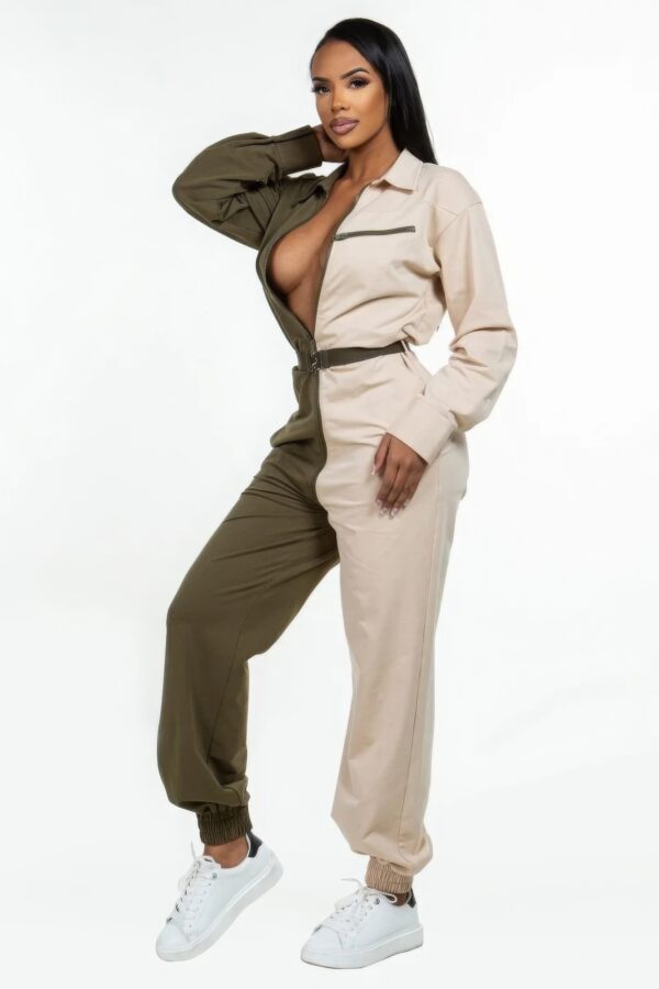 Oversized Long-Sleeve Shirt Jumpsuit with Belt – Olive