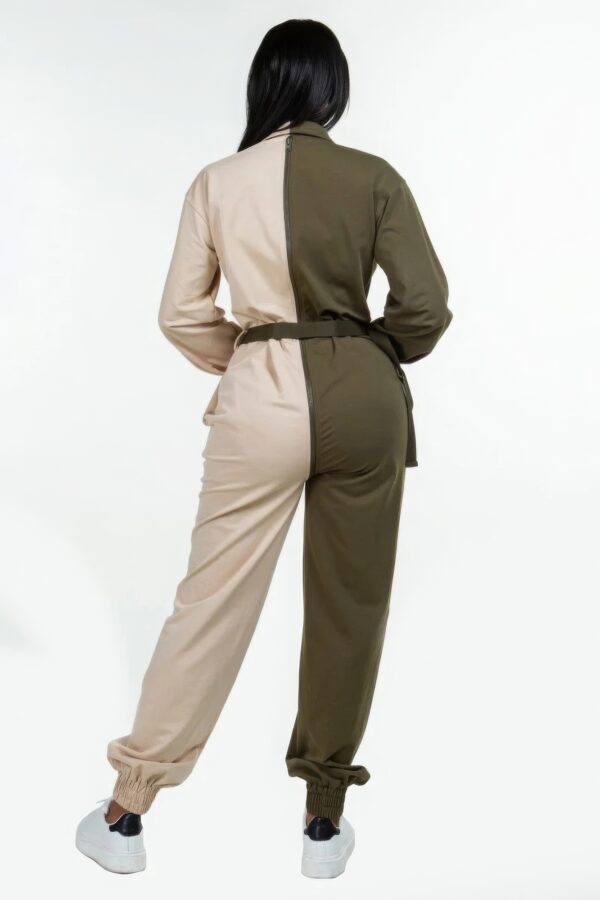 Oversized Long-Sleeve Shirt Jumpsuit with Belt – Olive