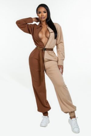 Long-Sleeve Oversized Shirt Jumpsuit with Zipper – Brown