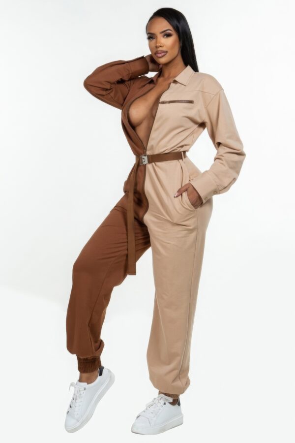 Long-Sleeve Oversized Shirt Jumpsuit with Zipper – Brown