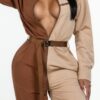 Long-Sleeve Oversized Shirt Jumpsuit with Zipper – Brown