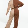 Long-Sleeve Oversized Shirt Jumpsuit with Zipper – Brown