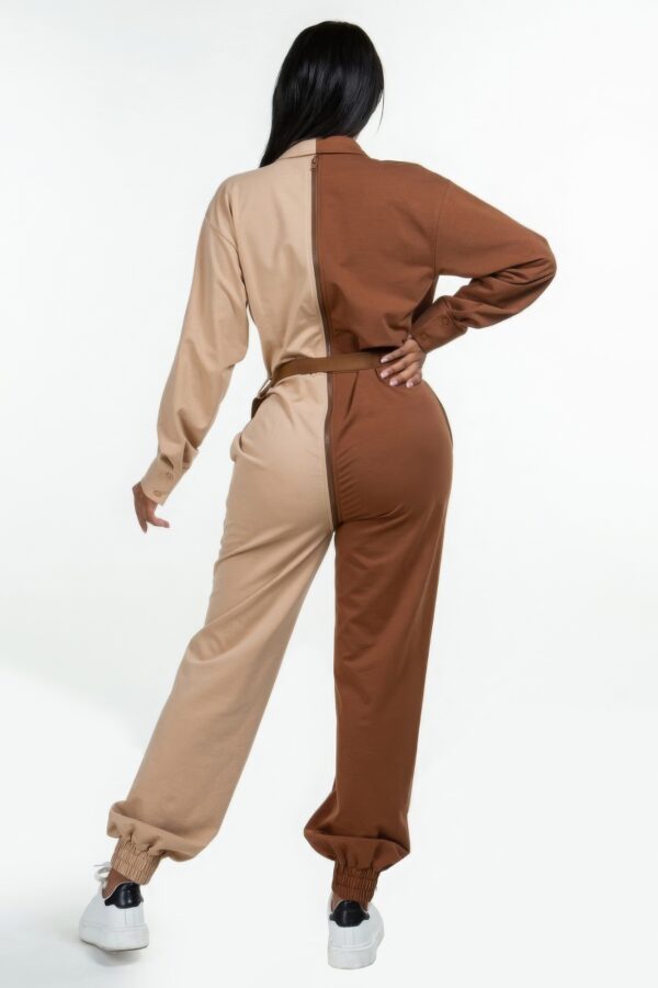 Long-Sleeve Oversized Shirt Jumpsuit with Zipper – Brown