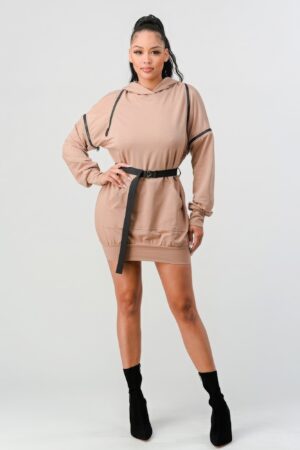 Double Zipper Hooded Mini Dress – Nude