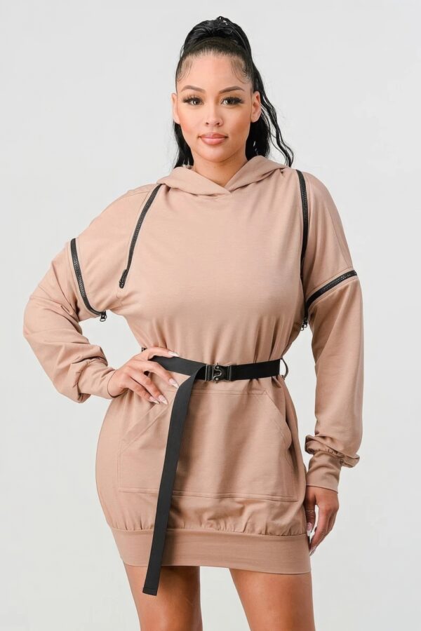 Double Zipper Hooded Mini Dress – Nude