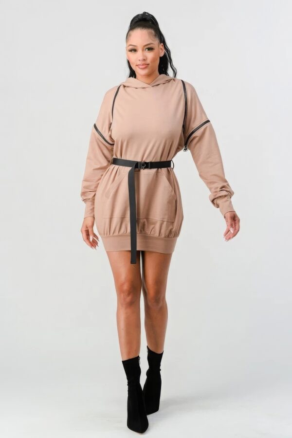 Double Zipper Hooded Mini Dress – Nude