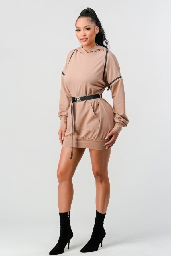 Double Zipper Hooded Mini Dress – Nude