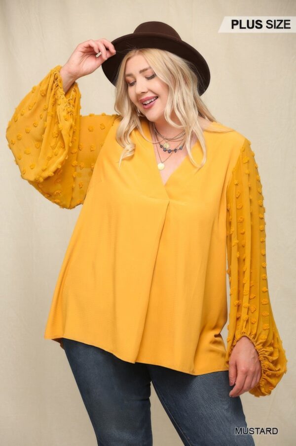 Plus Size Woven Chiffon Top with Voluminous Sheer Sleeves – Mustard