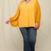 Plus Size Woven Chiffon Top with Voluminous Sheer Sleeves – Mustard