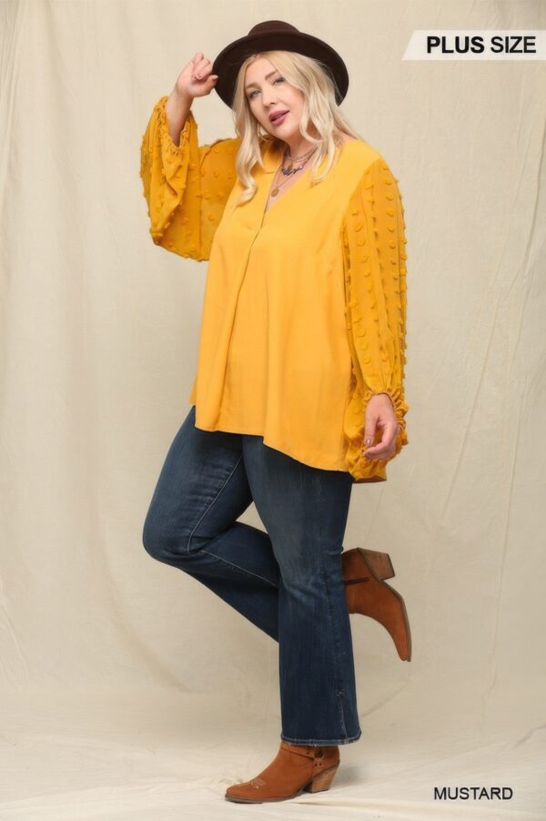 Plus Size Woven Chiffon Top with Voluminous Sheer Sleeves – Mustard