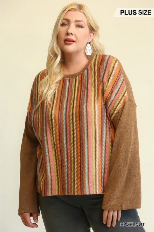 Plus Size Mixed Novelty & Solid Knit Loose Top – Hazelnut
