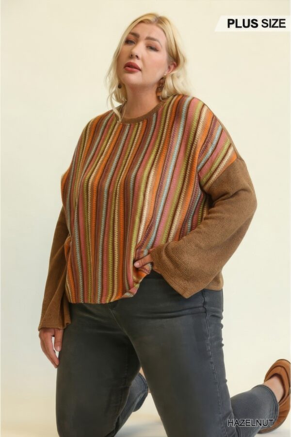 Plus Size Mixed Novelty & Solid Knit Loose Top – Hazelnut