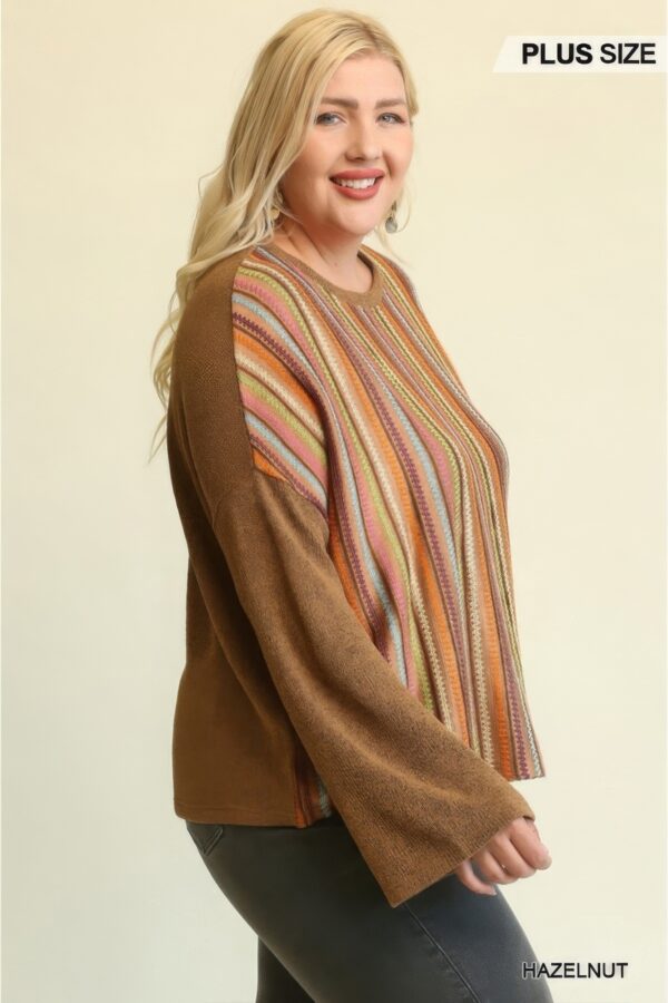 Plus Size Mixed Novelty & Solid Knit Loose Top – Hazelnut