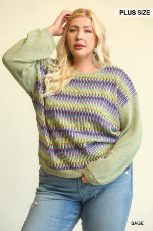Plus Size Mixed-Knit Drop-Shoulder Top – Sage